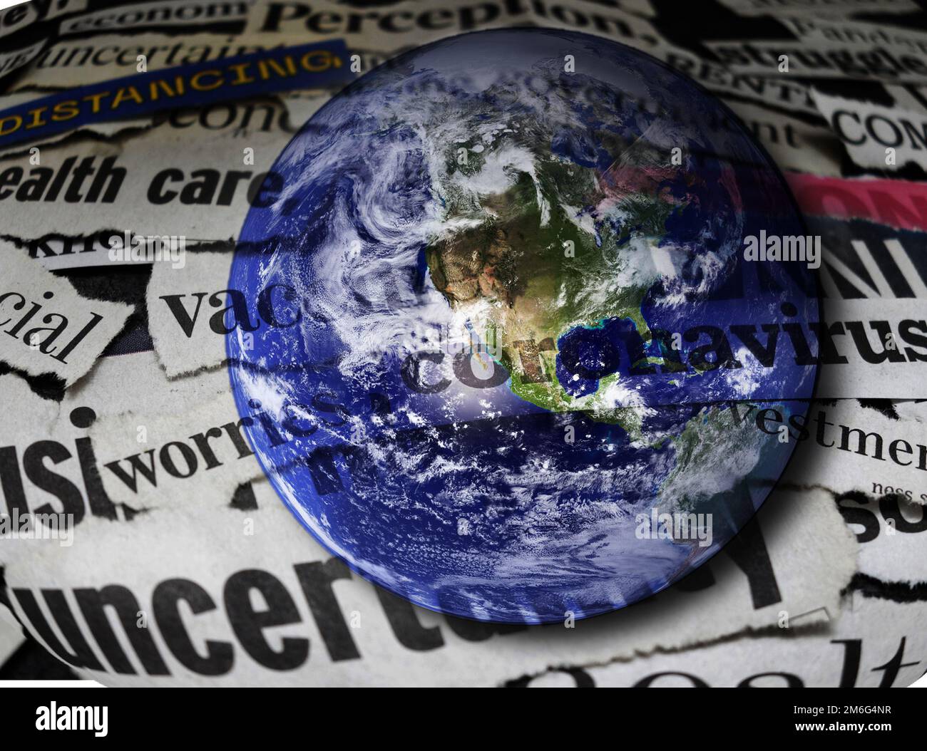 Coronavirus and economic related newspaper headlines superimposed over an image of the earth Stock Photo