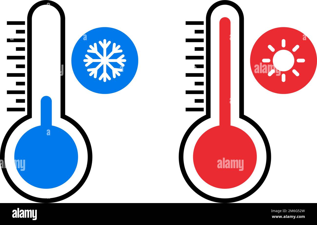 Hot and cold thermometer icon set. Summer and winter thermometers. Sun and snowflake. Editable