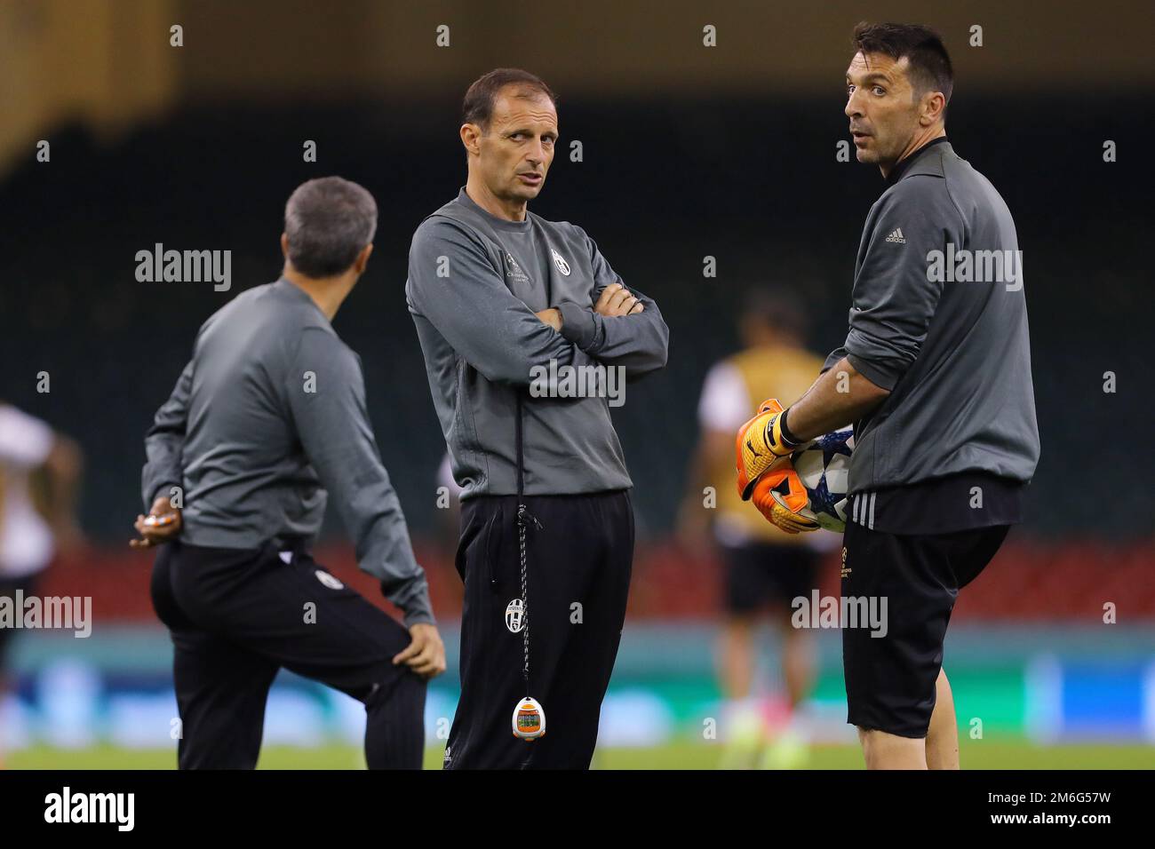 Manager of Juventus, Massimiliano Allegri and Goalkeeper, Gianluigi Buffon of Juventus - Juventus training ahead of the UEFA Champions League Final, National Stadium of Wales, Cardiff - 2nd June 2017. Stock Photo