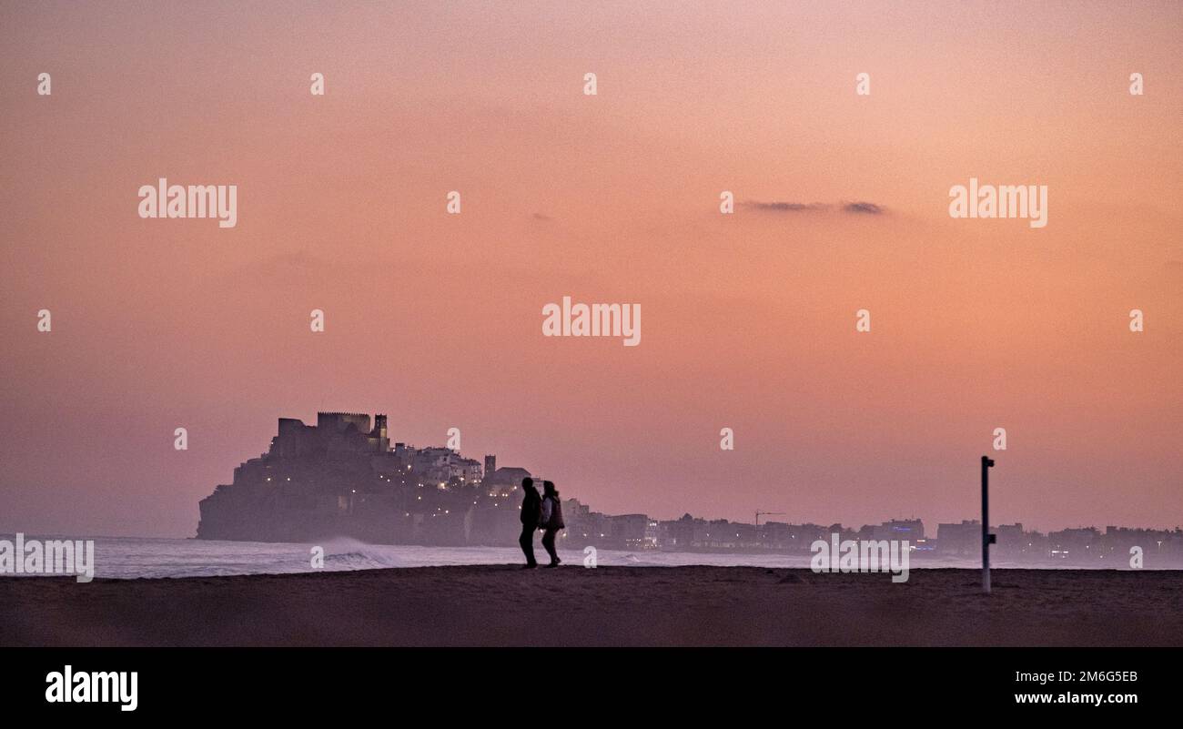 Peniscola panorama at sunset, Castellon - Spain Stock Photo