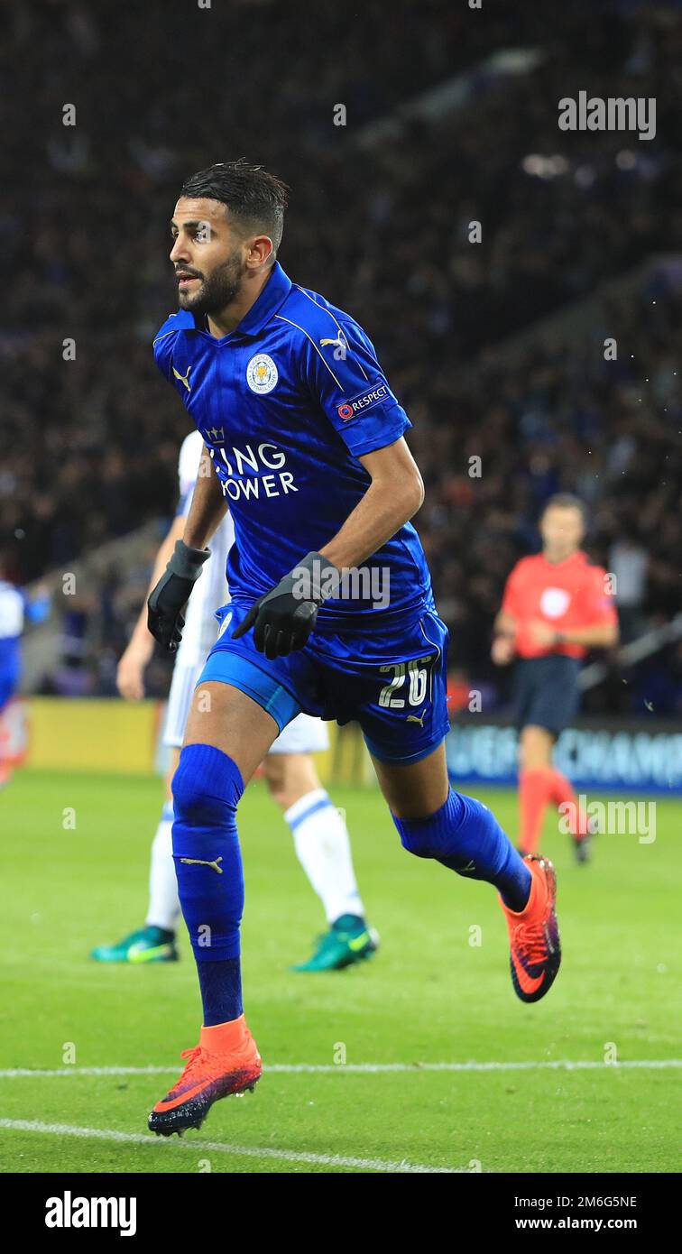 Riyad Mahrez of Leicester City celebrates after scoring making it 1-0 ...