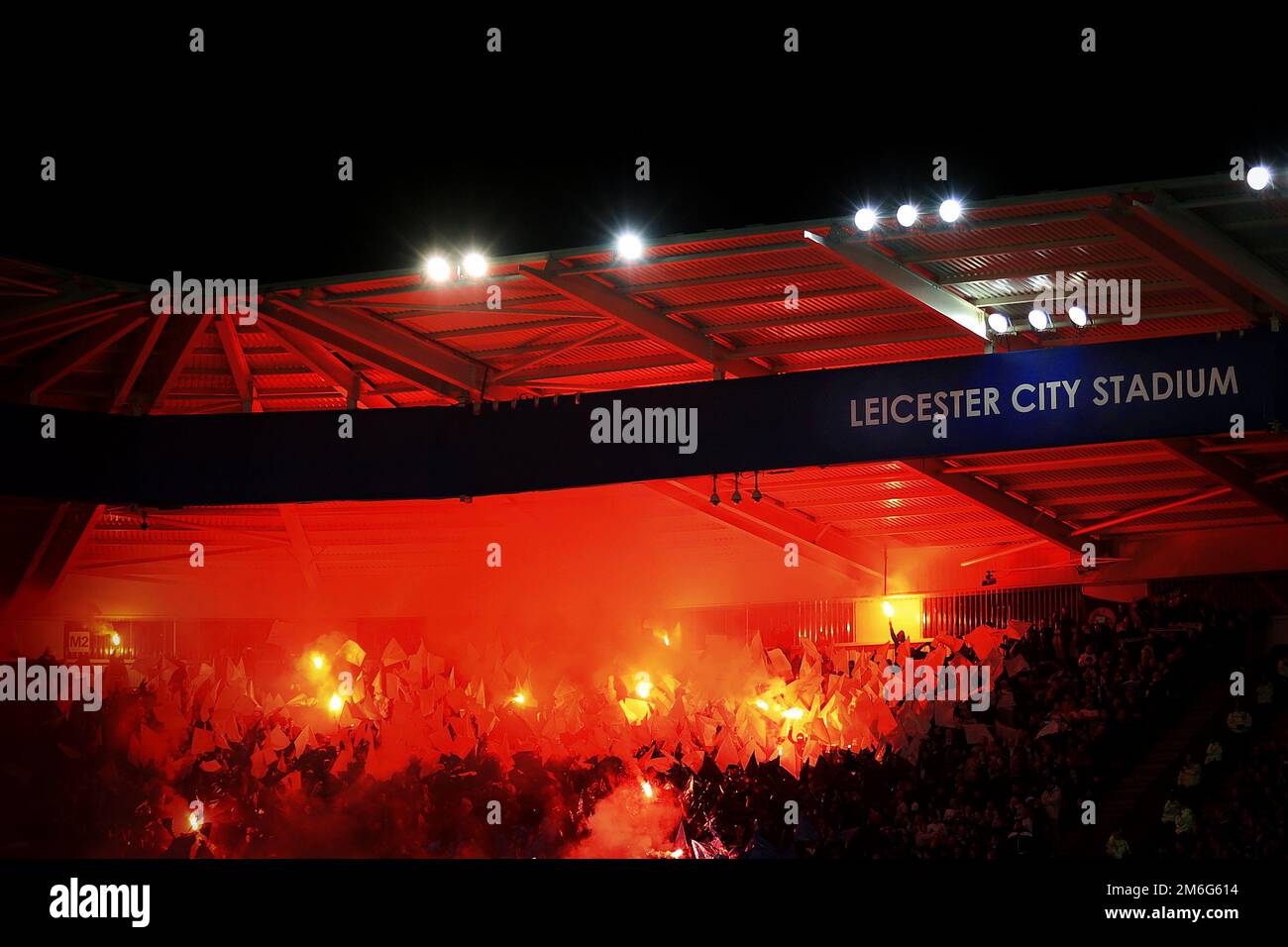 As FC Copenhagen line up the Copenhagen fans light flares in the crowd - Leicester City v FC Copenhagen, UEFA Champions League, Leicester City Stadium, Leicester - 18th October 2016. Stock Photo