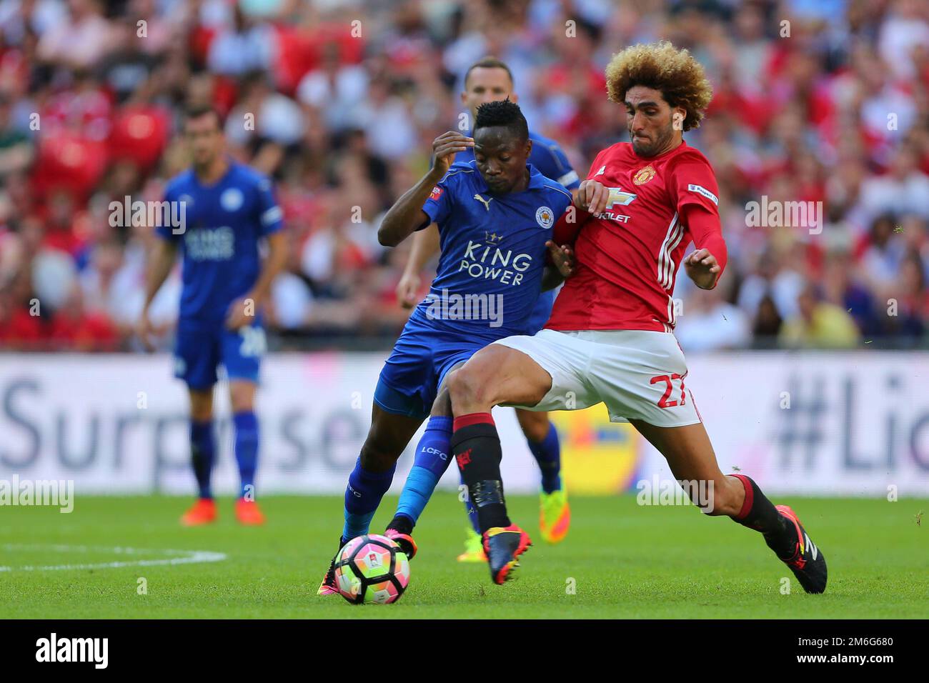 Marouane Fellaini of Manchester United and Ahmed Musa of Leicester City battle for possession - Leicester City v Manchester United, FA Community Shield, Wembley Stadium, London - 7th August 2016 Stock Photo