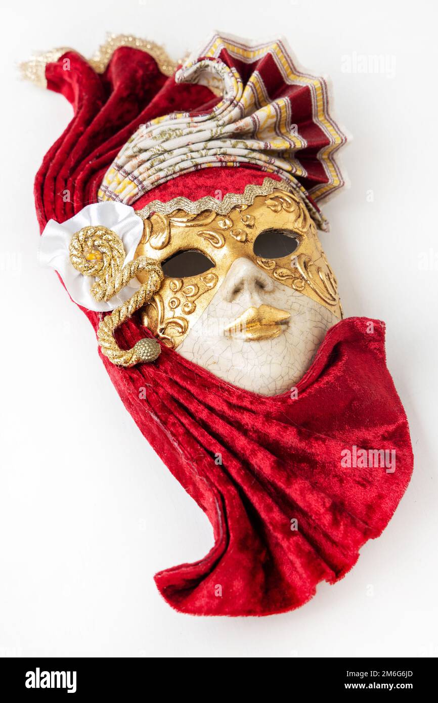 Red Mask Spain Traditional Venetian mask with red and gold decor isolated on white ...