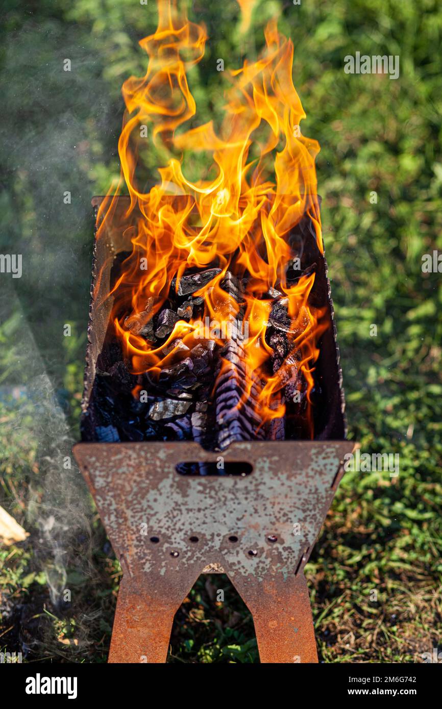 The firewood in the grill burns with a bright orange flame of fire Stock Photo