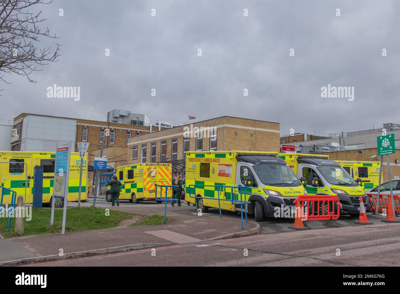 Southend on Sea, UK. 4th Jan, 2023. Ambulances wait outside Southend University Hospital A&E department as the trust continues to see high demands for emergency services. Penelope Barritt/Alamy Live News Stock Photo