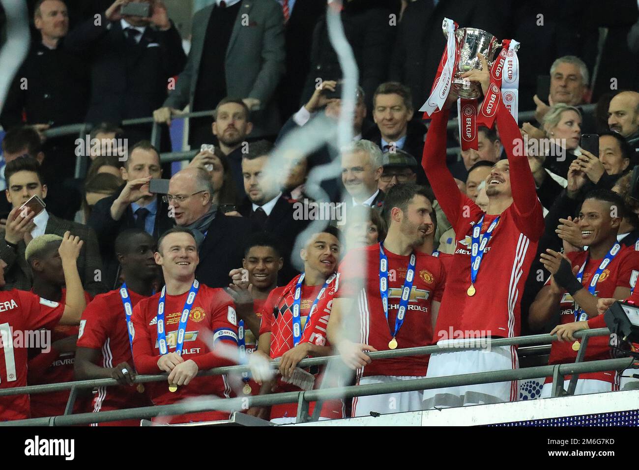 Zlatan Ibrahimovic of Manchester United lifts the EFL Cup Final trophy - Manchester United v Southampton, EFL Cup Final, Wembley Stadium, London - 26th February 2017. Stock Photo