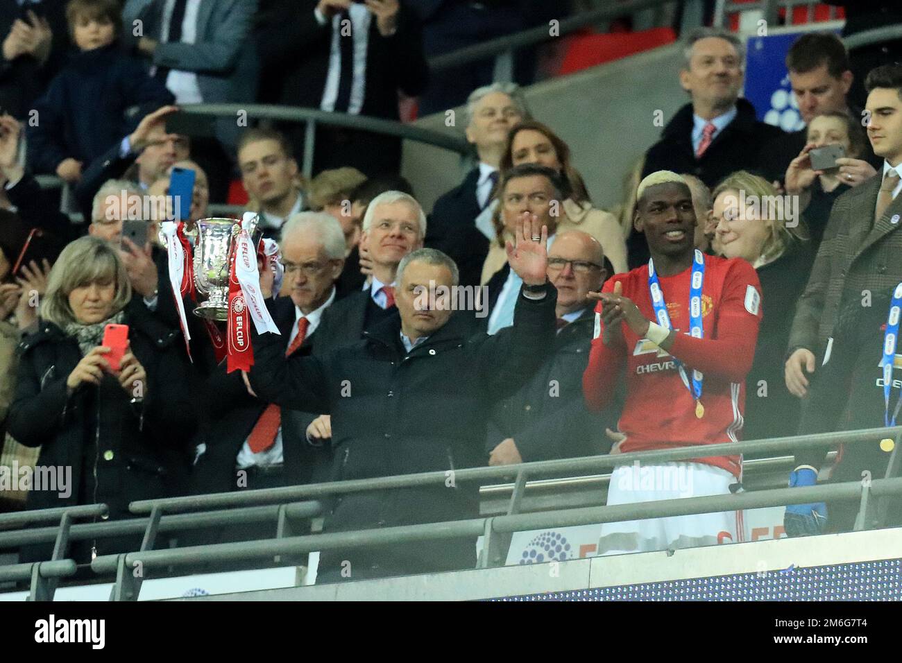 Manchester United Manager Jose Mourinho lifts the EFL trophy - Manchester United v Southampton, EFL Cup Final, Wembley Stadium, London - 26th February 2017. Stock Photo