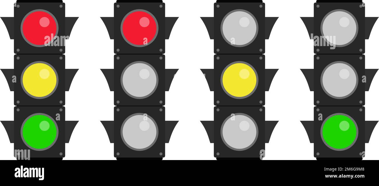 Vertical traffic light icon set. Red, yellow and green signals. Editable vectors. Stock Vector