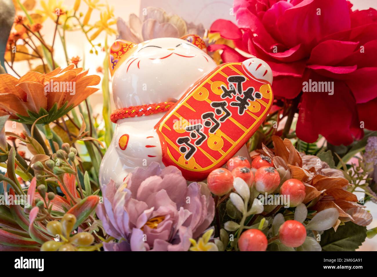 Chinese new year decoration with Manekineko or fortune cat. The word