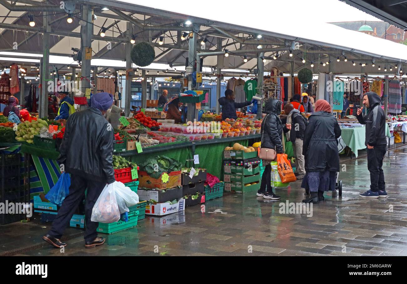 Stalls at City Of Wolverhampton market, Market Square, Wolverhampton, West Midlands, England, UK, WV3 0NL Stock Photo