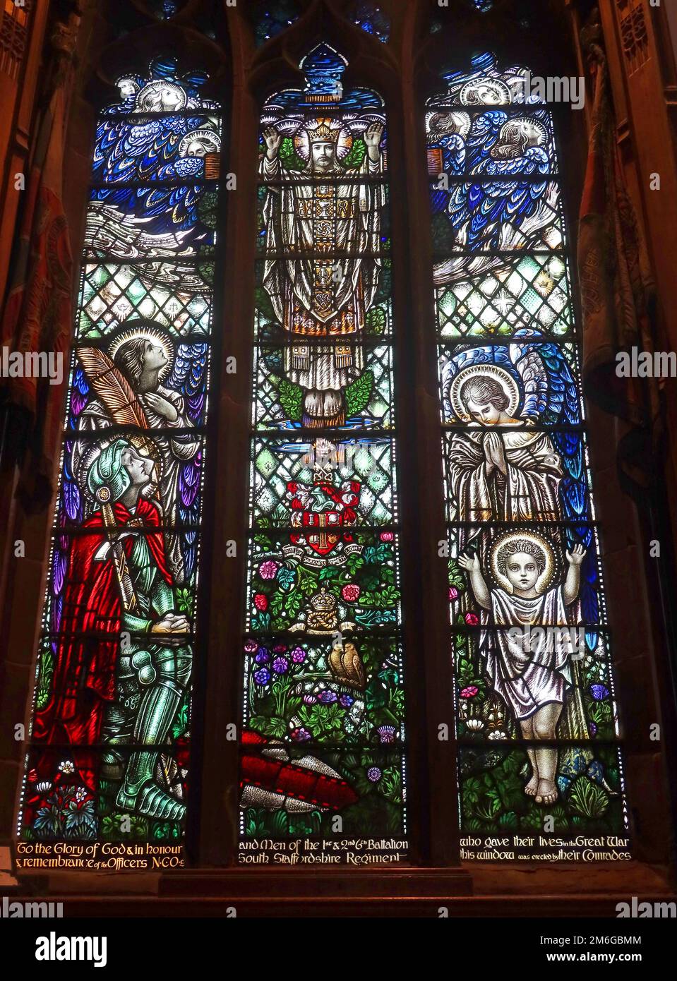 In honour & remembrance of the officers NCOs and men of the 1st, 2nd, 6th, Battalion South Staffordshire regiment - stained glass Stock Photo