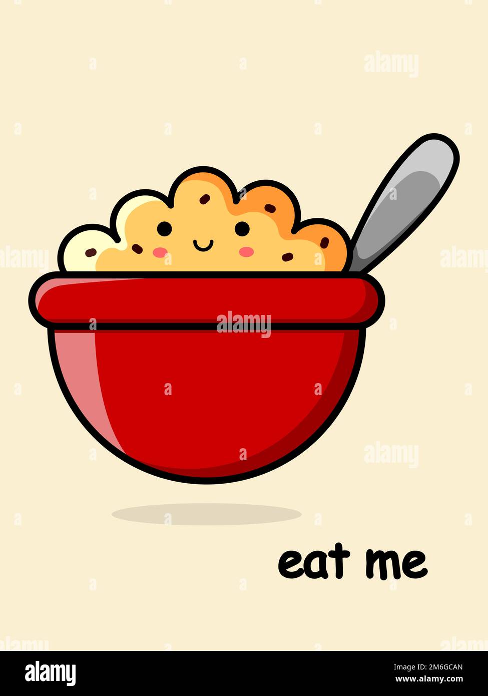 Cartoon bowl with oatmeal. Childrens breakfast. Eat me postcard. Vector illustration. Stock Vector