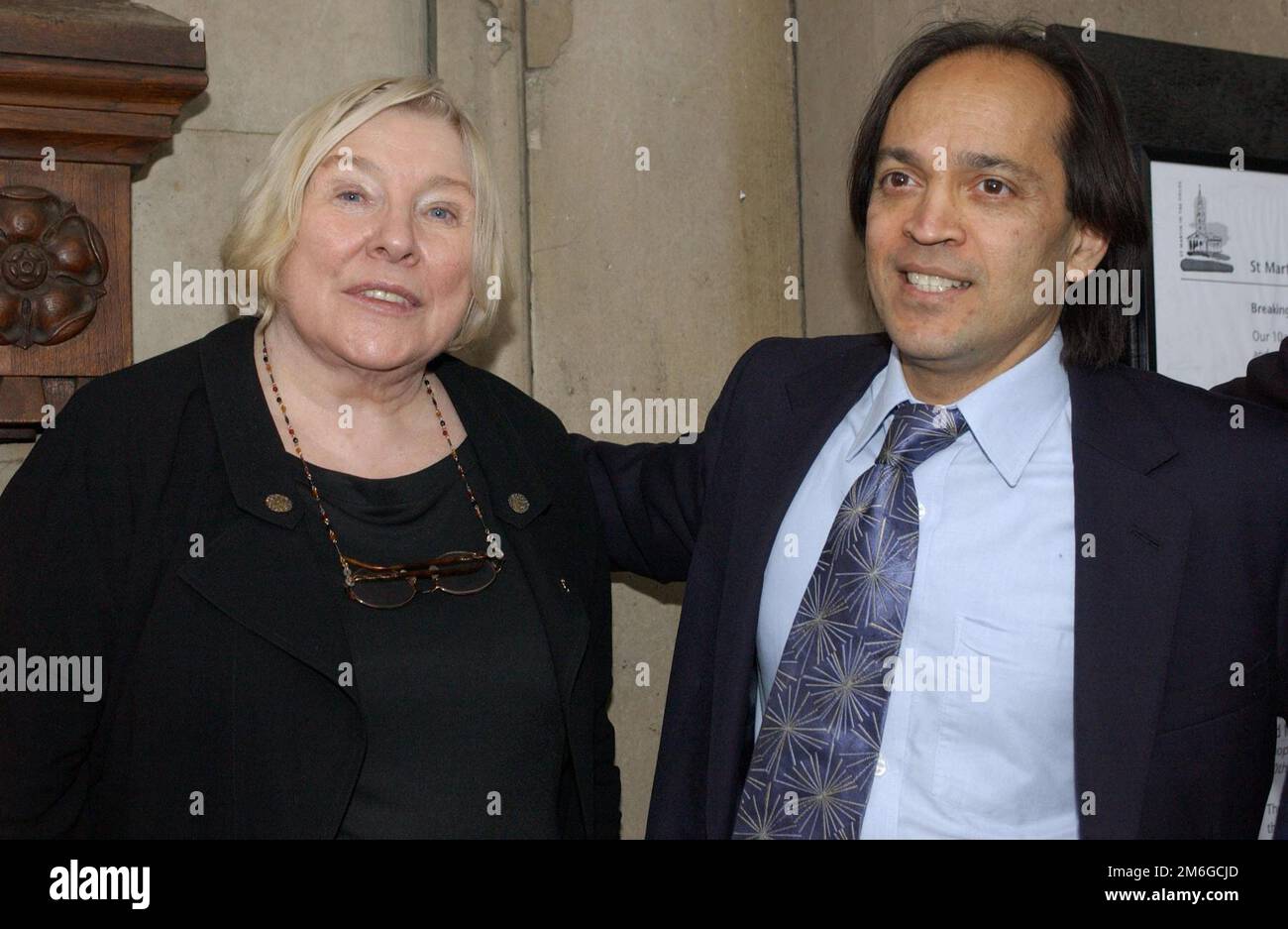 File photo dated 17/3/2004 of Fay Weldon and Vikram Seth outside a memorial service held for late Scottish publisher Giles Gordon at St Martin's in the Fields on Trafalgar Square in London. Author Fay Weldon, known for works including The Life And Loves Of A She-Devil and Praxis, has died aged 91. The novelist, playwright and screenwriter's body of work includes more than 30 novels as well as short stories and plays written for television, radio and the stage. Issue date: Wednesday January 4, 2023. Stock Photo