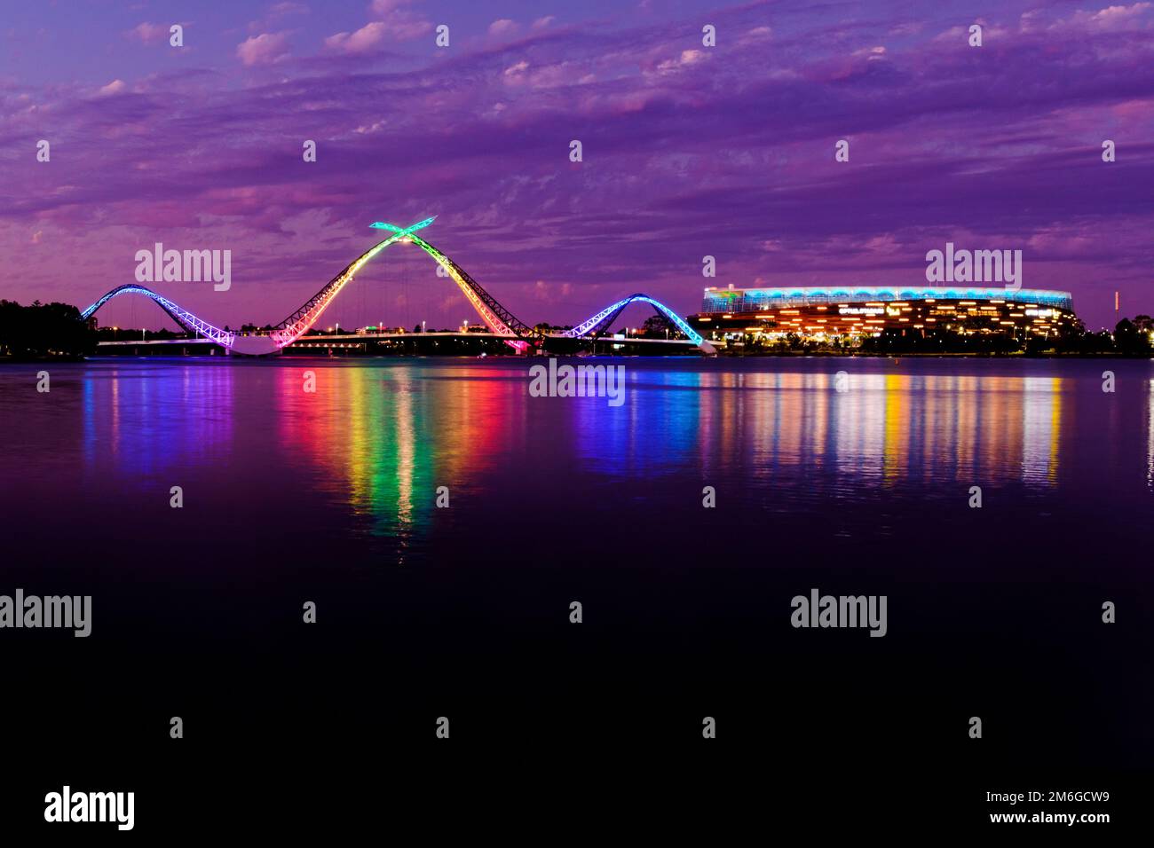 Matagarup Bridge Lights on the Swan River and Optus Perth Stadium