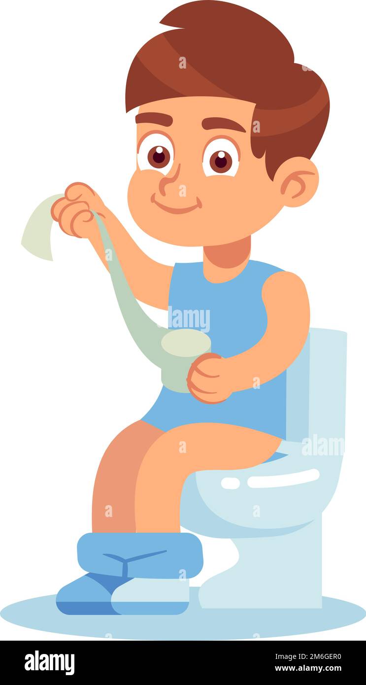 Boy in toilet. Cute little child sitting on potty with paper roll in hand, home lavatory pan, kid every day routine, body care and hygiene concept Stock Vector
