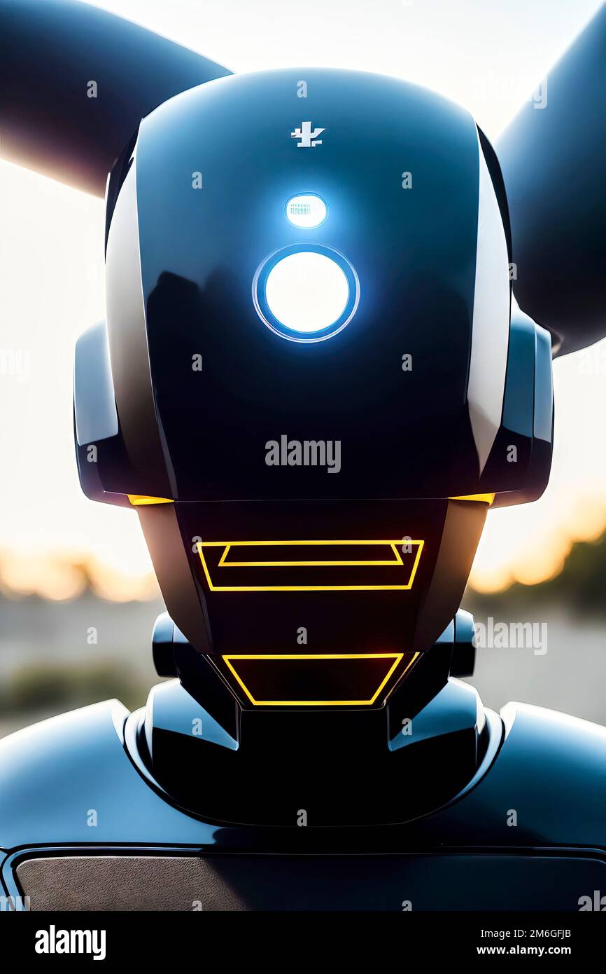 Geometric no-frills head of a robot with cyclopean lens in the center of the forehead and clean sharp lines, made with generative AI Stock Photo