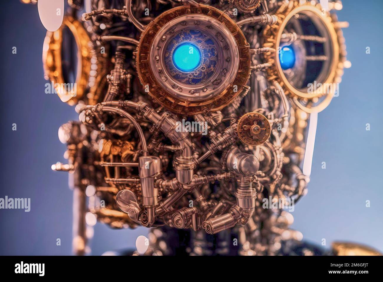 Close-up view of the head of a cyborg with small gears, valves and pipes and a large lens as an eye, made with generative AI Stock Photo
