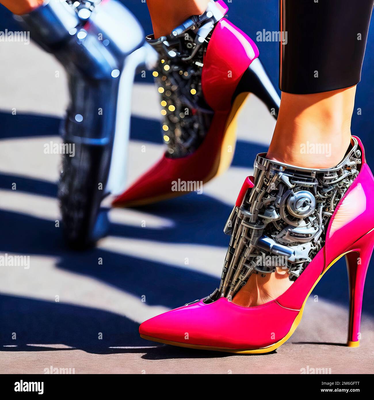 Red high-heeled shoe with a stiletto heel and a foot in which small biomechanical implants are integrated, made with generative AI Stock Photo