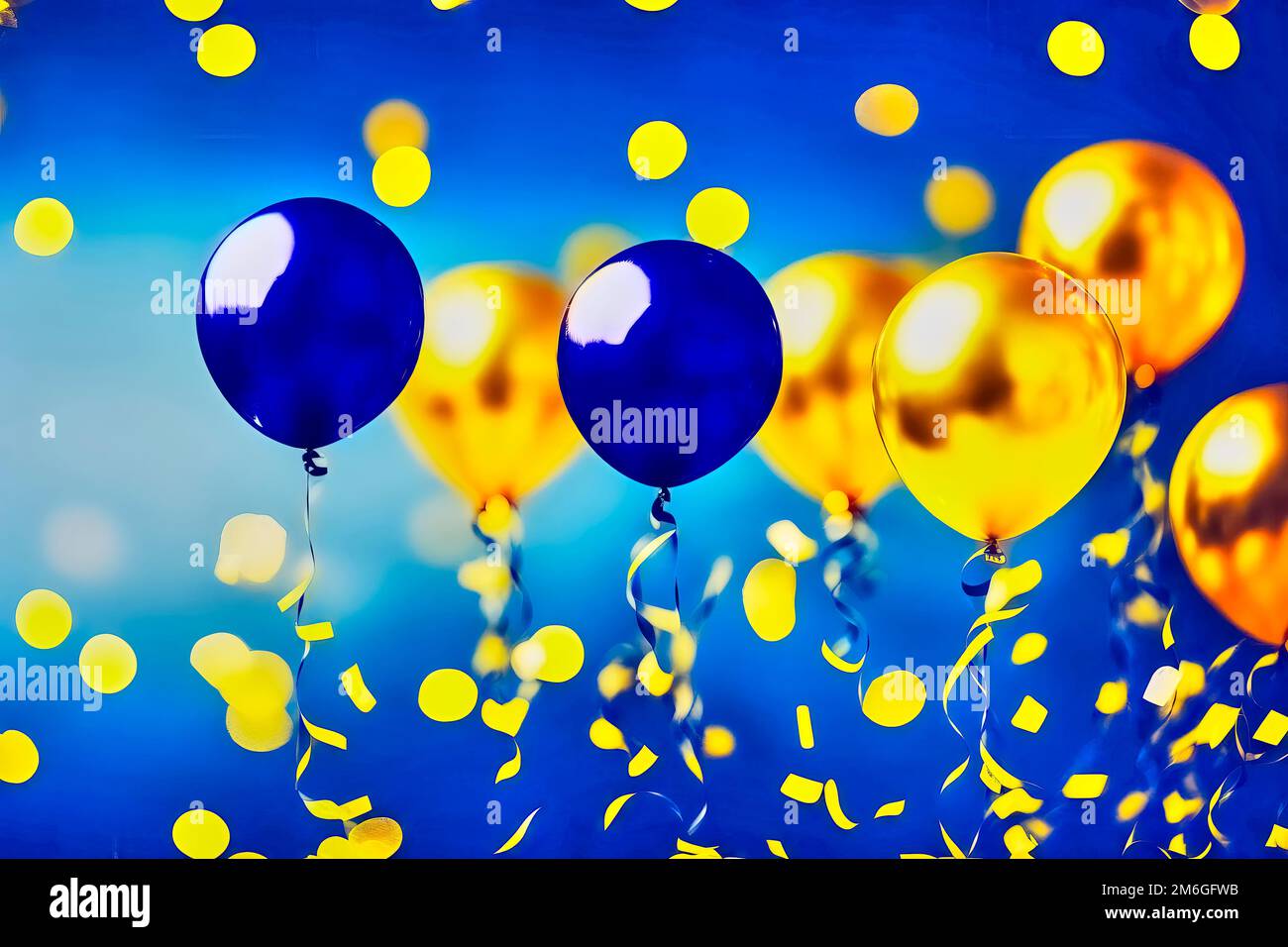 Simple illustration of blue and yellow balloons against a background of confetti and lights with bokeh, made with generative AI Stock Photo