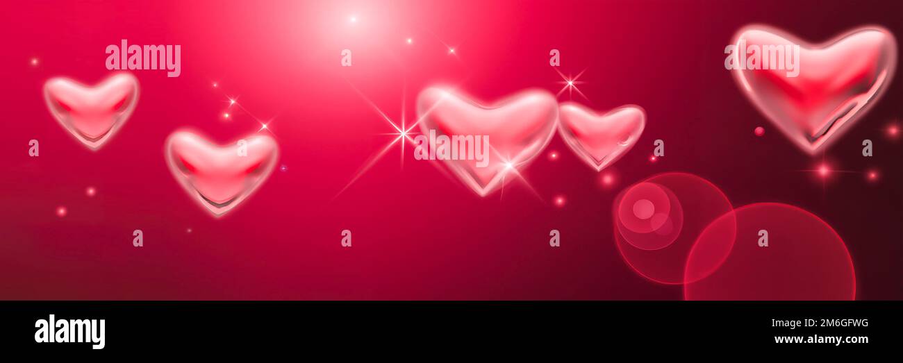 Red flying hearts and shiny lights, red love and  valentine's day web banner Stock Photo