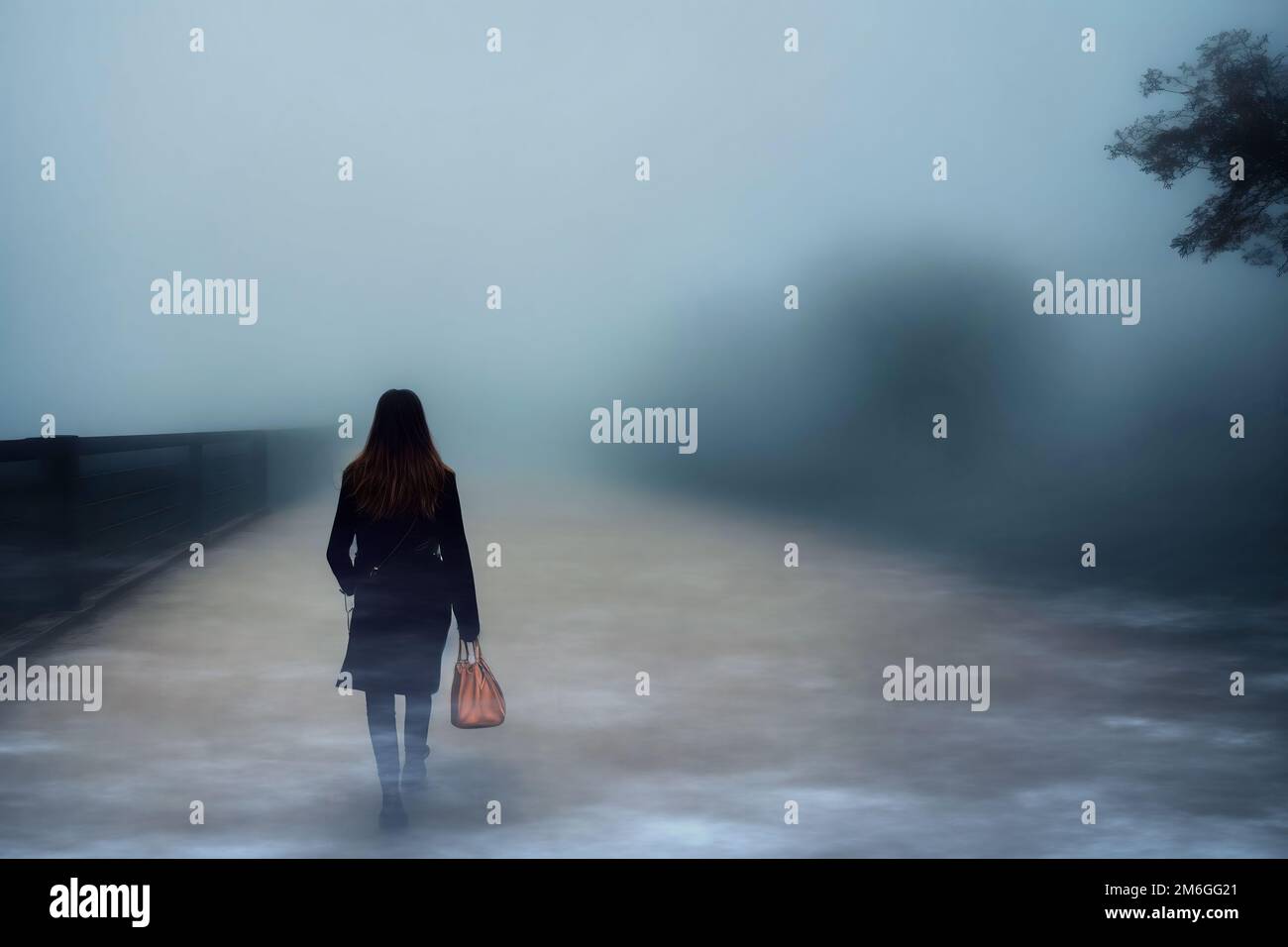 Back view of a woman with long dark hair, black clothes and brown handbag walking down the street through impenetrable fog, made with generative AI Stock Photo