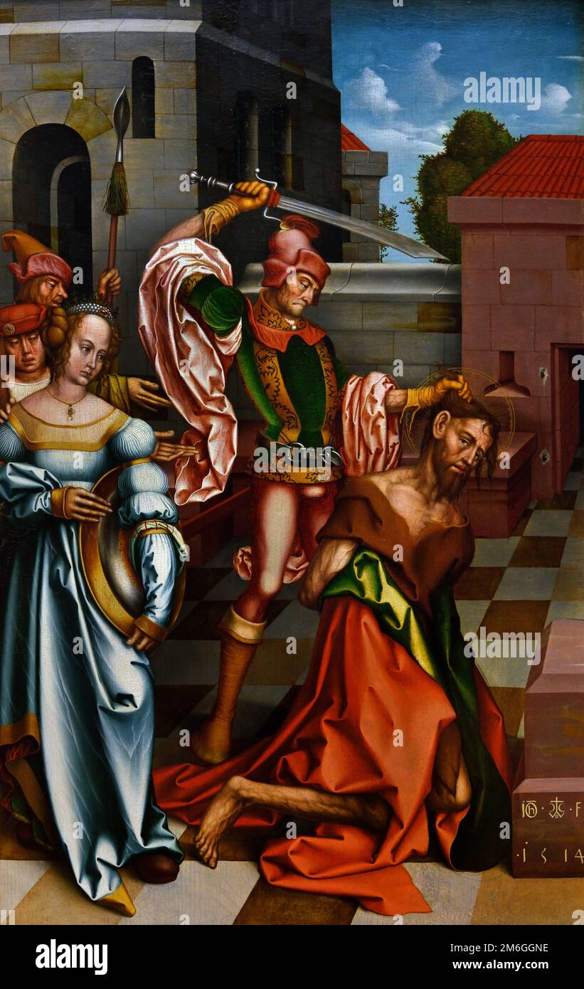 Beheading of Saint John the Baptist, by Hans Fries  1465 –  1523 was a Swiss painter before the Reformation. Switzerland. ( Salome, dancing pleased, Herod, so much that in his, drunkenness, he promised to give her anything she desired, up to half of his kingdom. When Salome asked her mother what she should request, she was told to ask for the, head of John the Baptist on a platter.  ) Stock Photo
