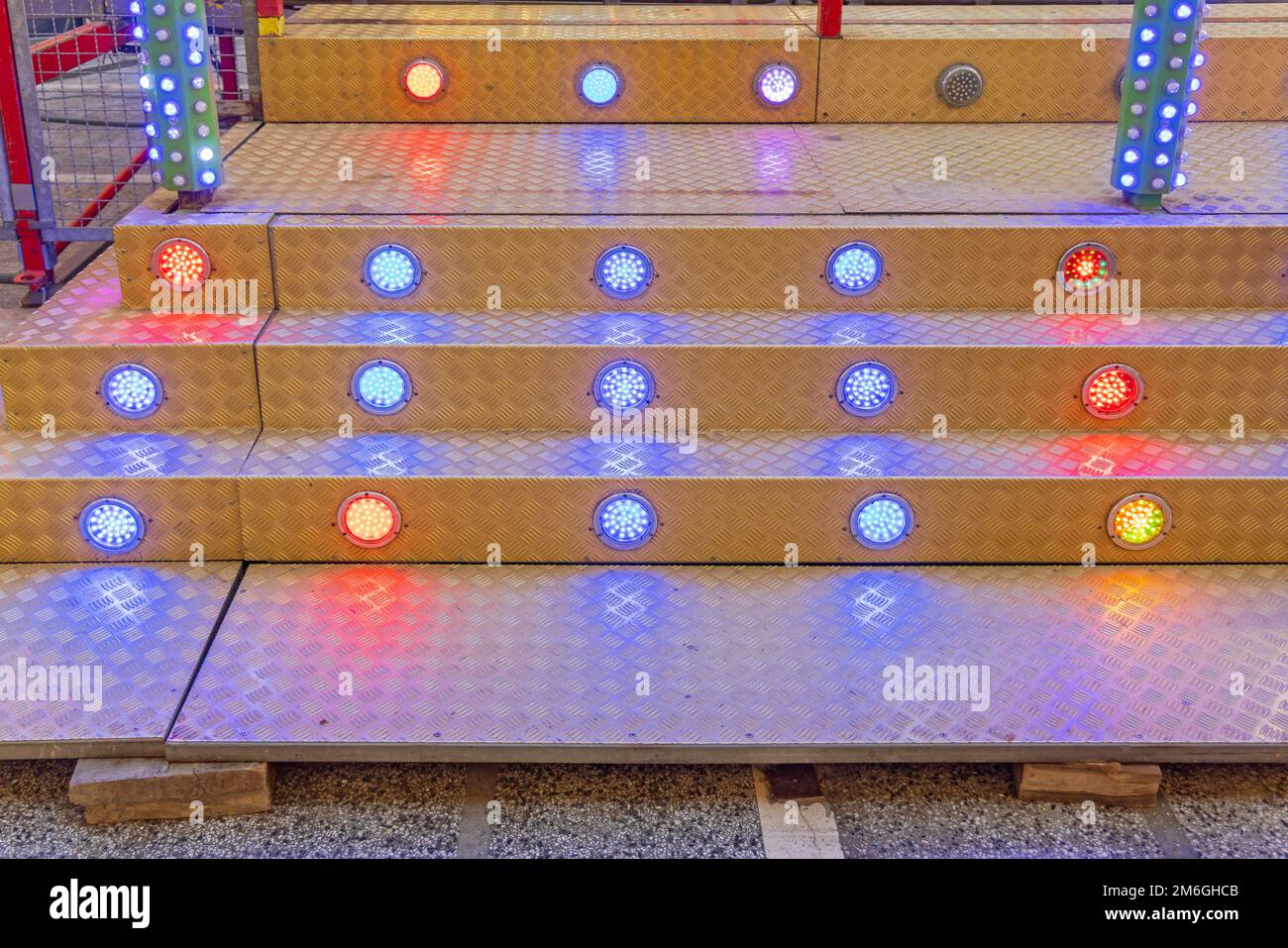 Colourful Led Lamps Flashing Reflectors at Metal Stairs Fun Fair Stock