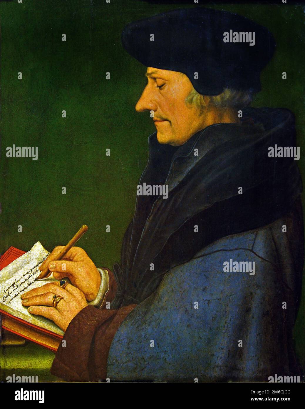 Erasmus of Rotterdam Writing, 1523 by Hans Holbein (the Younger) 1497-1543, German Germany ( Desiderius, Erasmus , Dutch philosopher ,Catholic theologian ,who is considered one of the greatest scholars,, scholar of the northern Renaissance, Europe ) Stock Photo