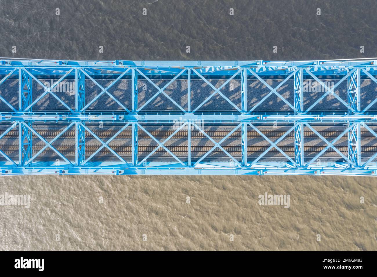 Aerial view of truss railway bridge on yangtze river Stock Photo