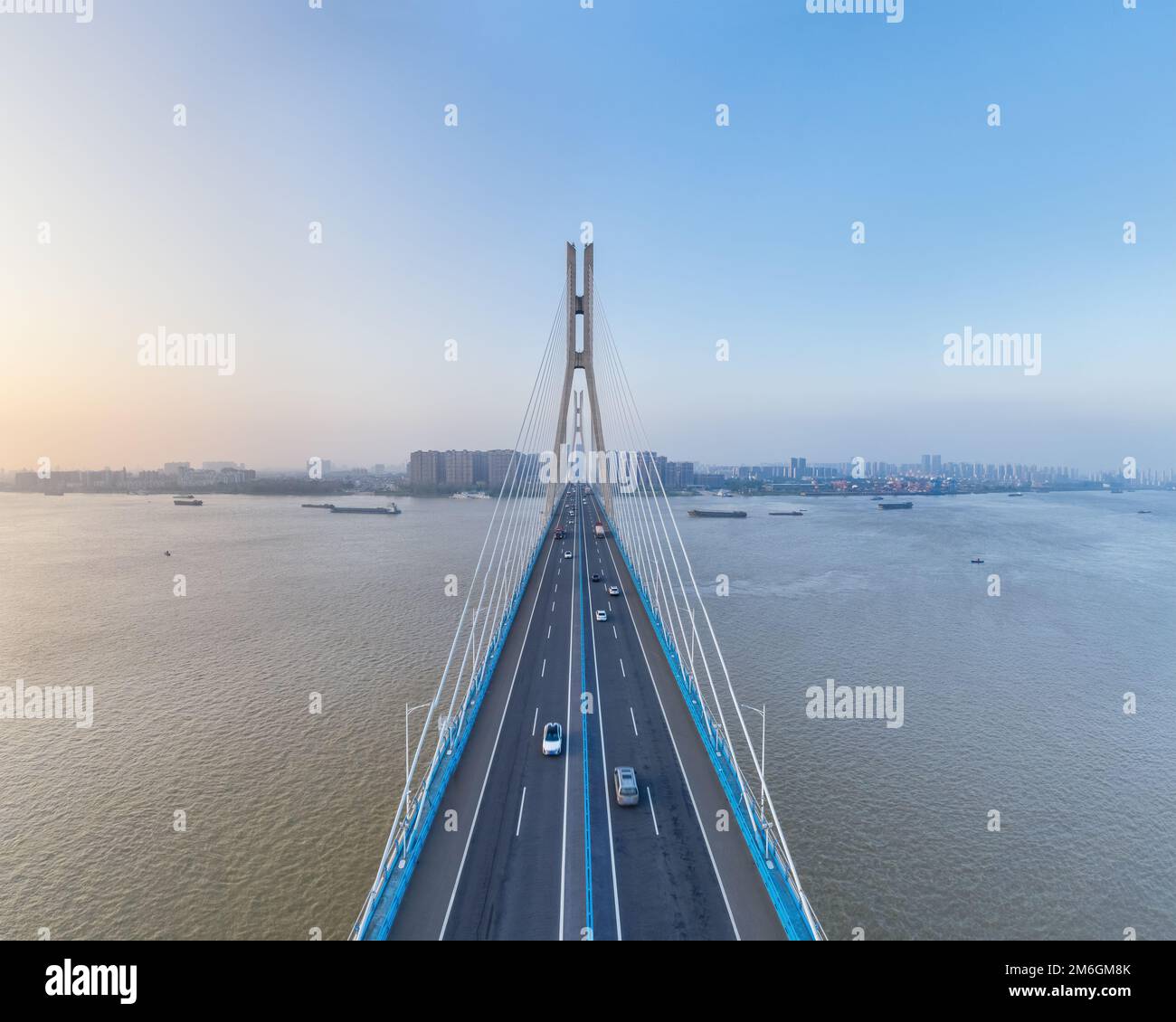 Anqing cityscape of the cable-stayed bridge at dusk Stock Photo
