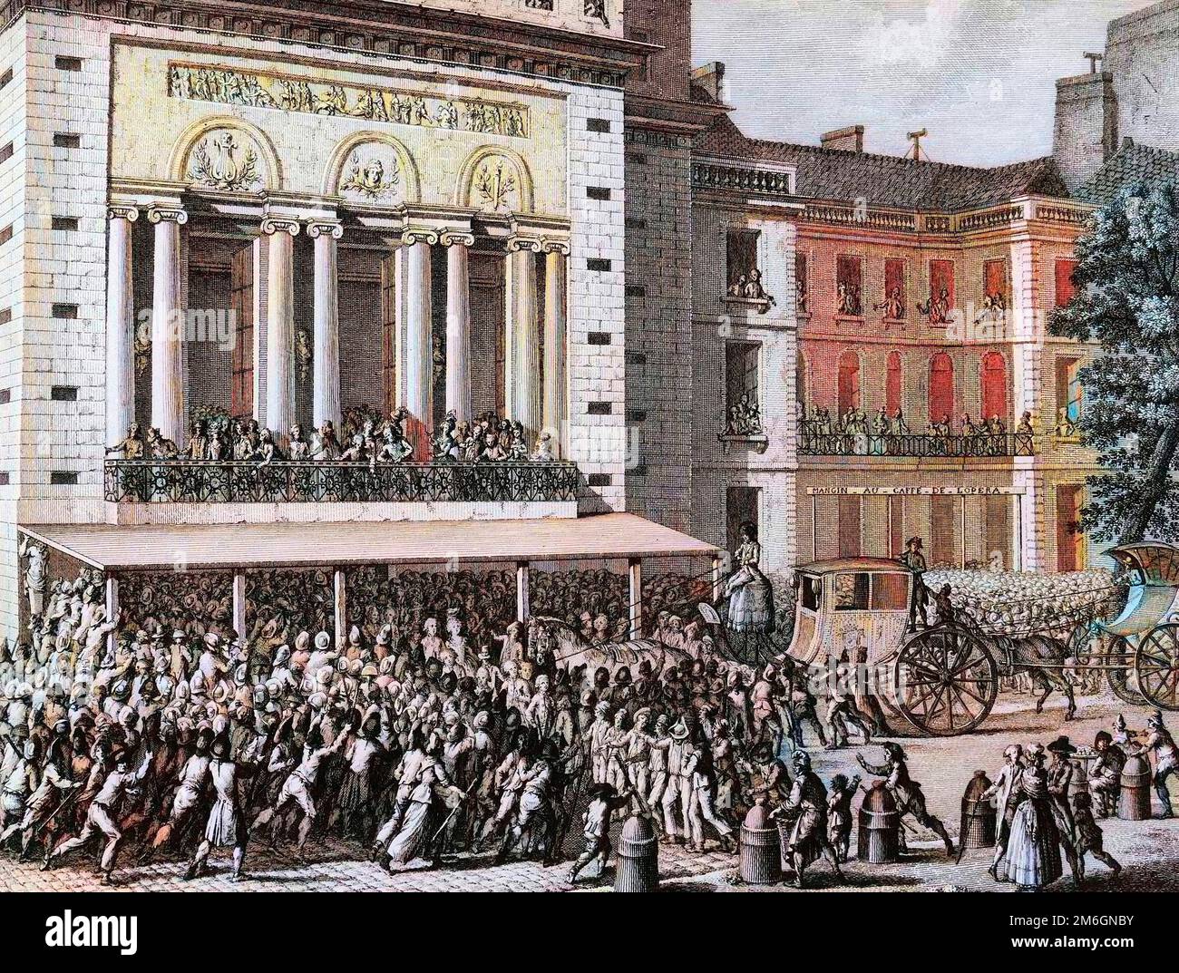 Revolution francaise de 1789 - French Revolution:  Le peuple revolutionnaire faisant fermer l'Opera de Paris le 12 juillet 1789. Dessin de Prieur. Stock Photo