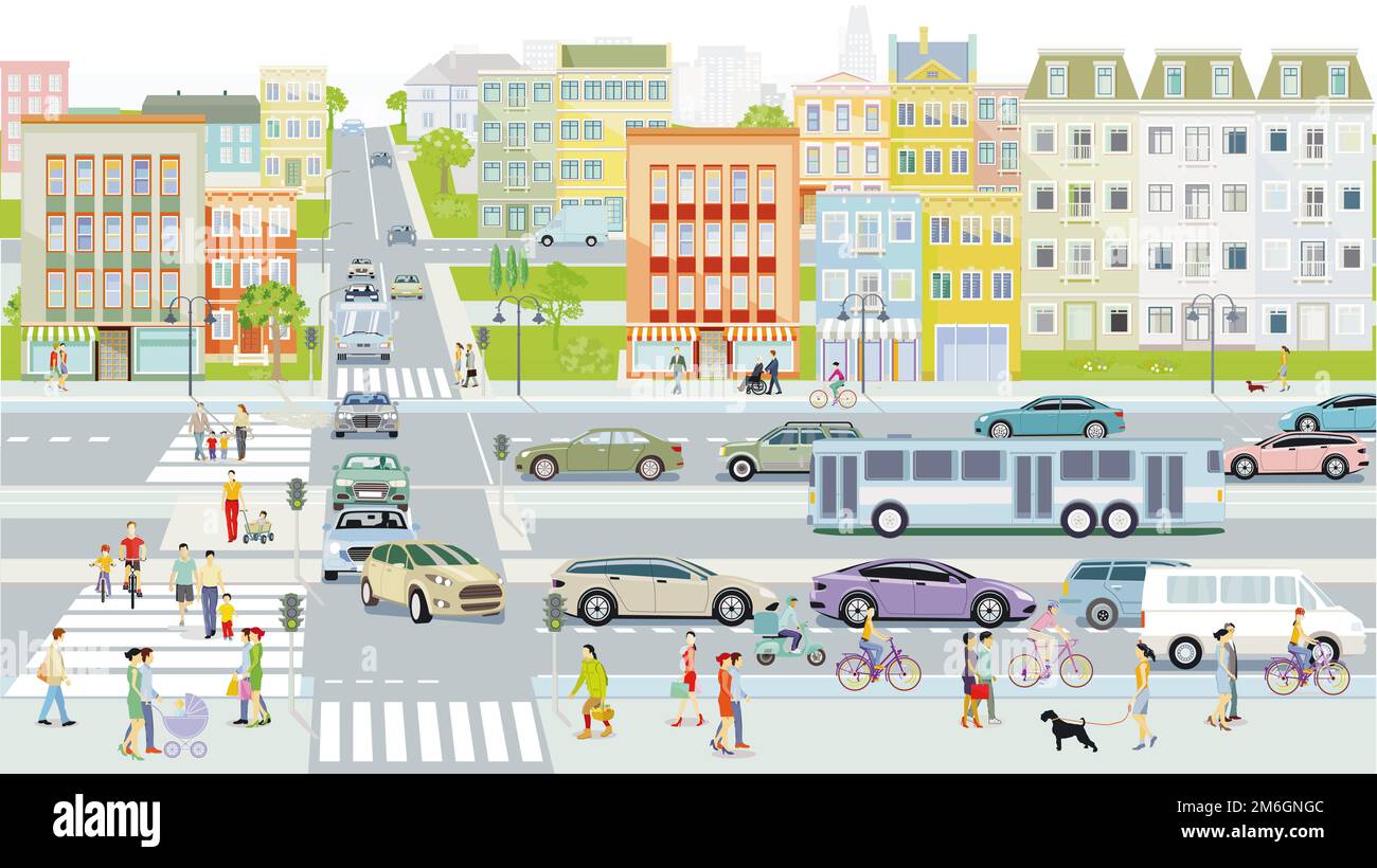City with pedestrians and road traffic, illustration Stock Photo - Alamy