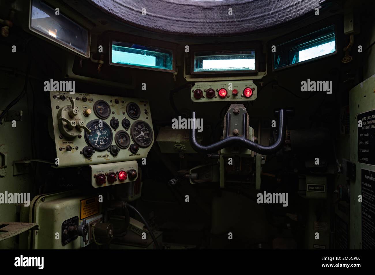 Interior view of the driver's compartment of an M113 Armored Personnel Carrier at Stones Ranch Military Reservation, East Lyme, Connecticut, April 27, 2022. This M113 is one of 200 armored personnel carriers, or APCs, being supplied by the Department of Defense to Ukraine as part of the $800 million U.S. Security Assistance for Ukraine aid package signed by President Joe Biden. Stock Photo