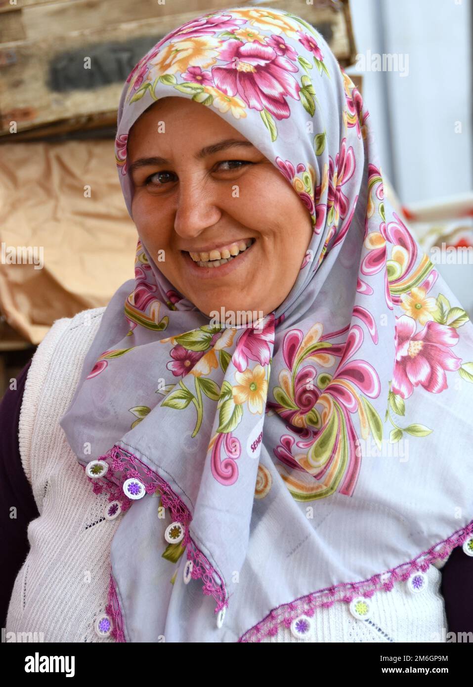 Faces of Turkey: Woman in Floral Head Scarf Stock Photo