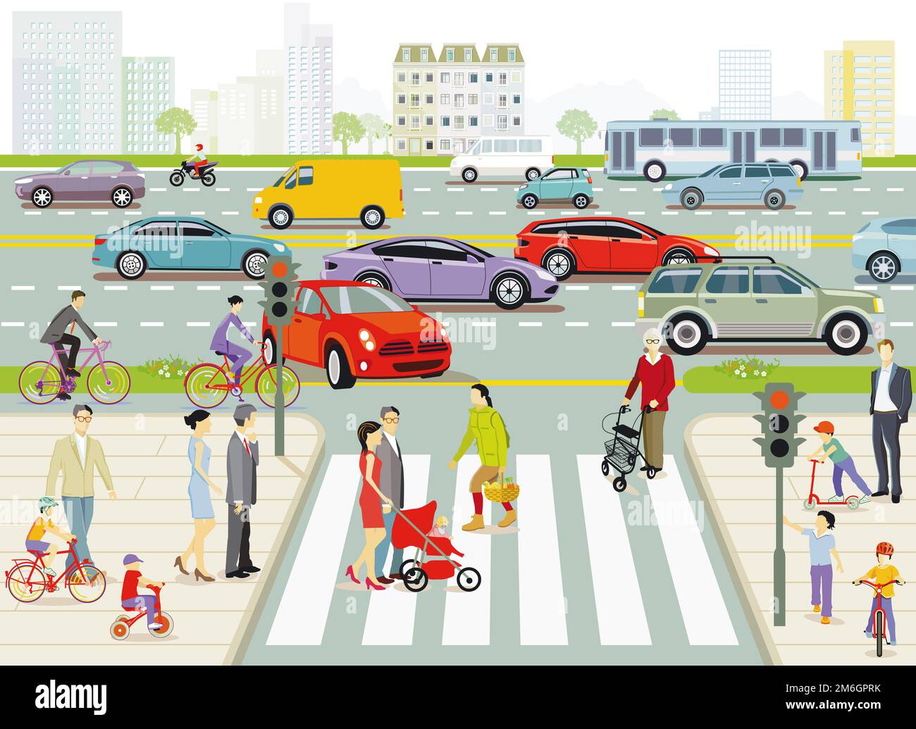 City with pedestrians and road traffic, illustration Stock Photo - Alamy