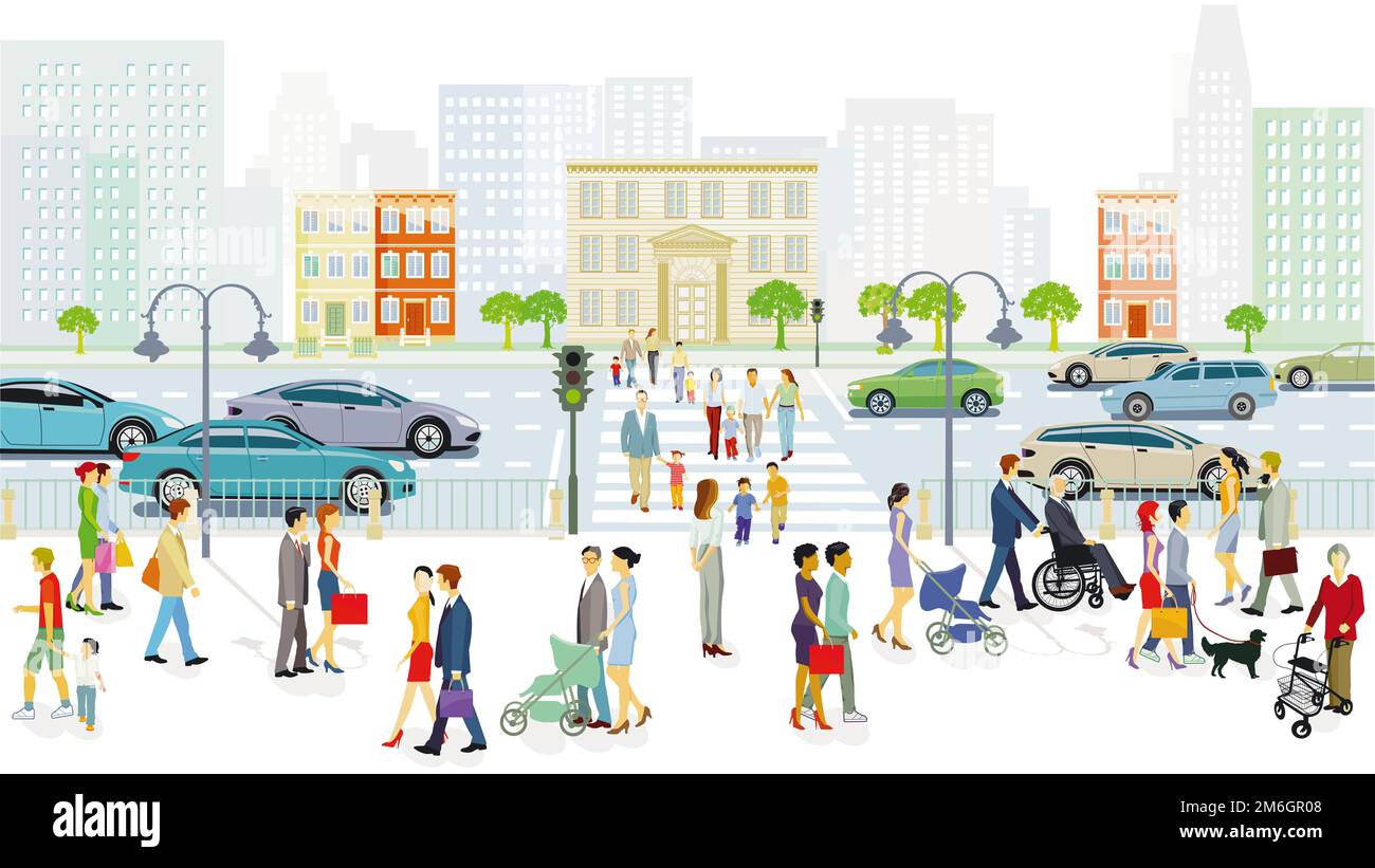 Big city with pedestrians and road traffic, illustration Stock Photo ...