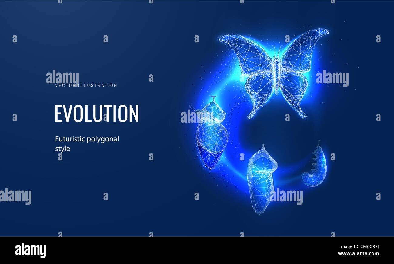 Evolution of a butterfly in a digital futuristic style. Insect life cycle, transformation from