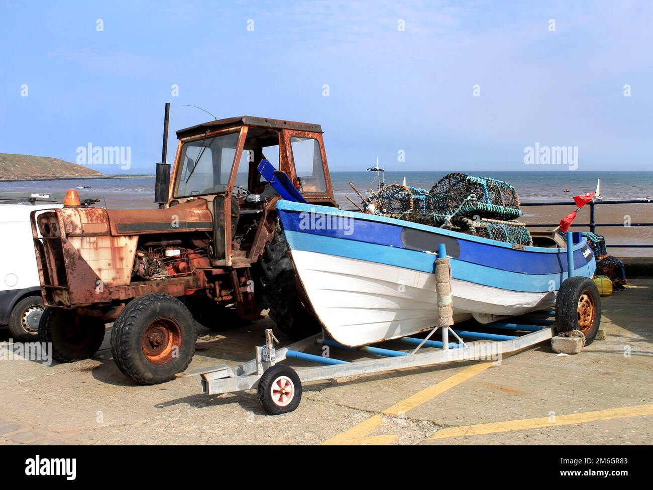 Cobble landing in Filey, boat with old tractor, North Yorkshire, England. Stock Photo