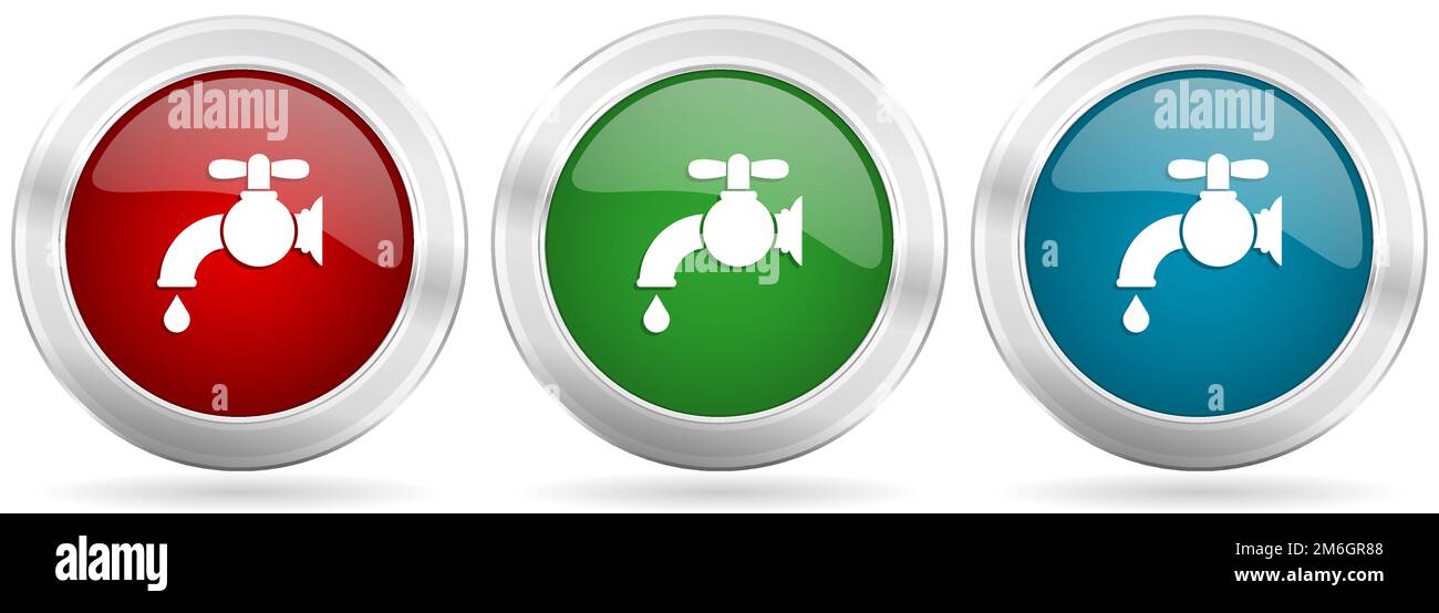 Water faucet, old tap vector icon set. Red, blue and green silver
