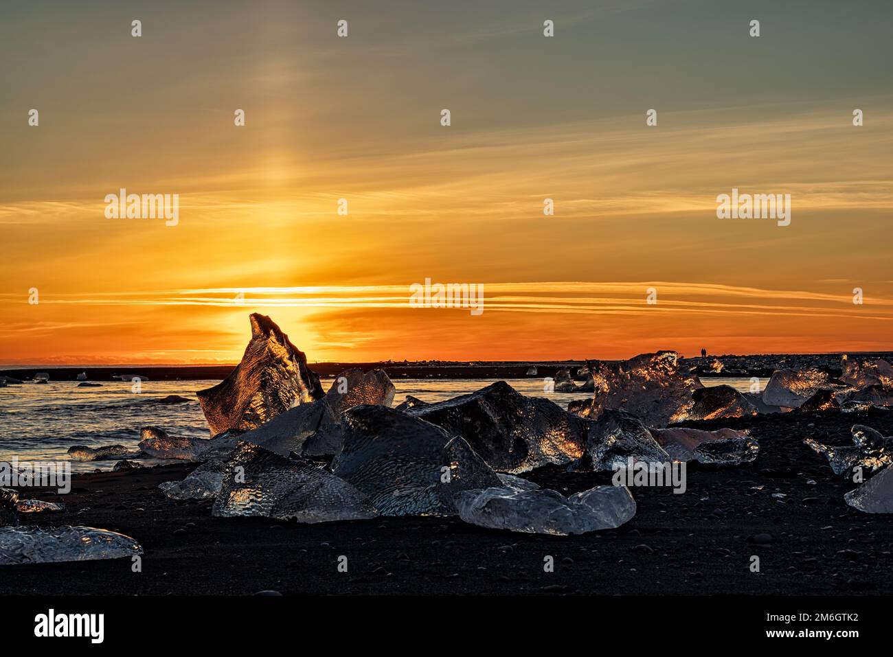 Icebergs in diamond beach at sunset, Iceland Stock Photo