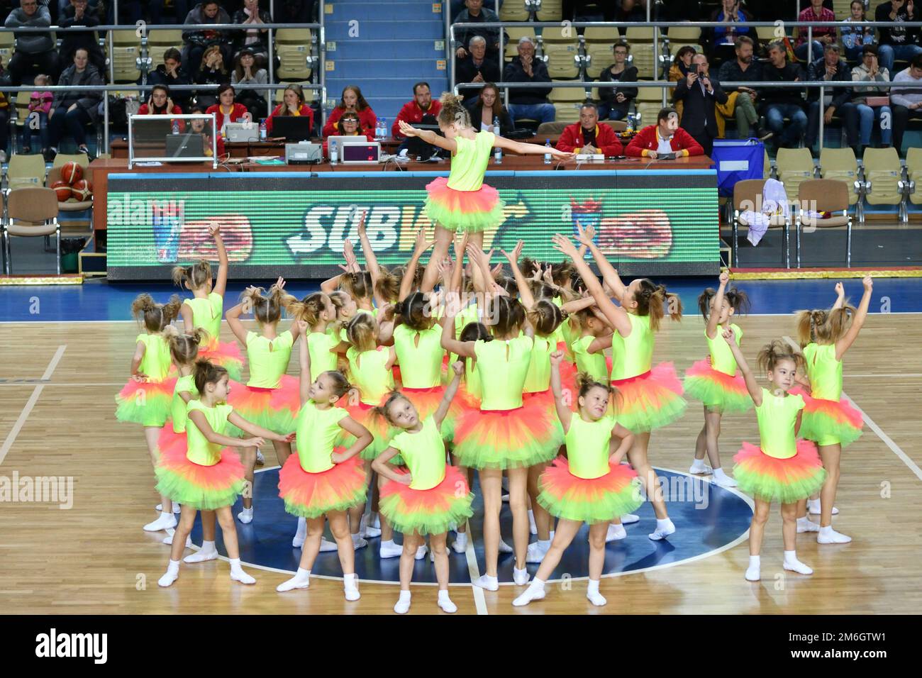 Orenburg, Russia - October 31, 2019: girls cheerleading perform at a basketball Euroleague match bet Stock Photo