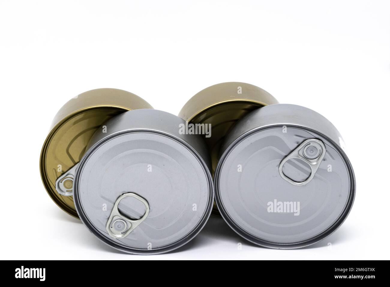Food cans on the side on a white background Stock Photo