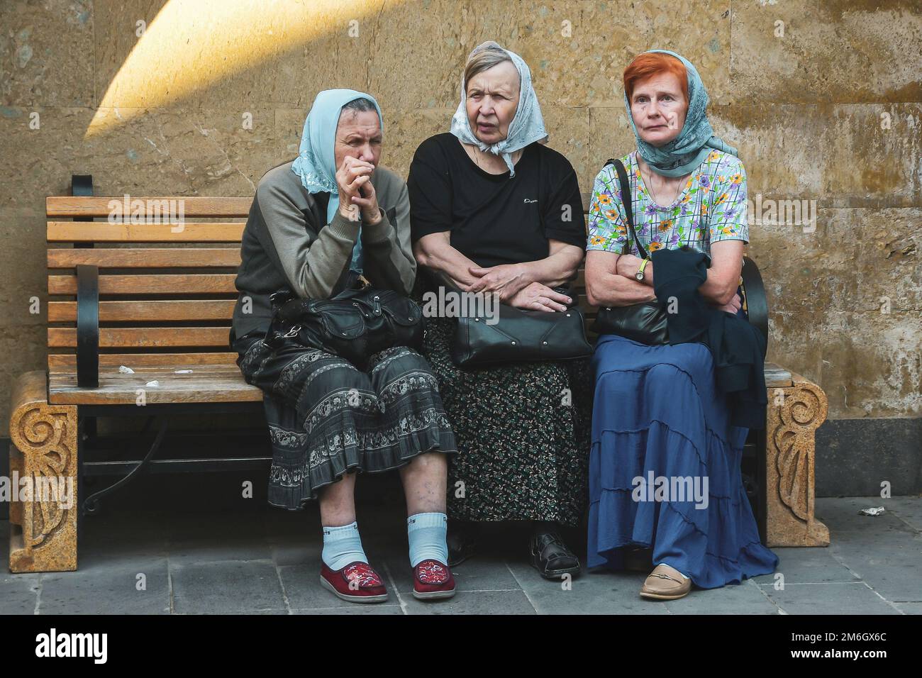 Faces of Turkey: Three Women on a Bench Stock Photo