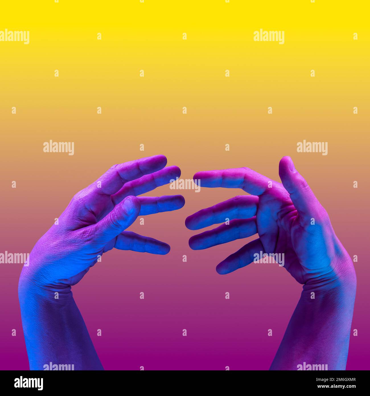 Hands in a surreal style in violet blue neon colors. Modern psychedelic creative element with human palm for posters, banners, w Stock Photo