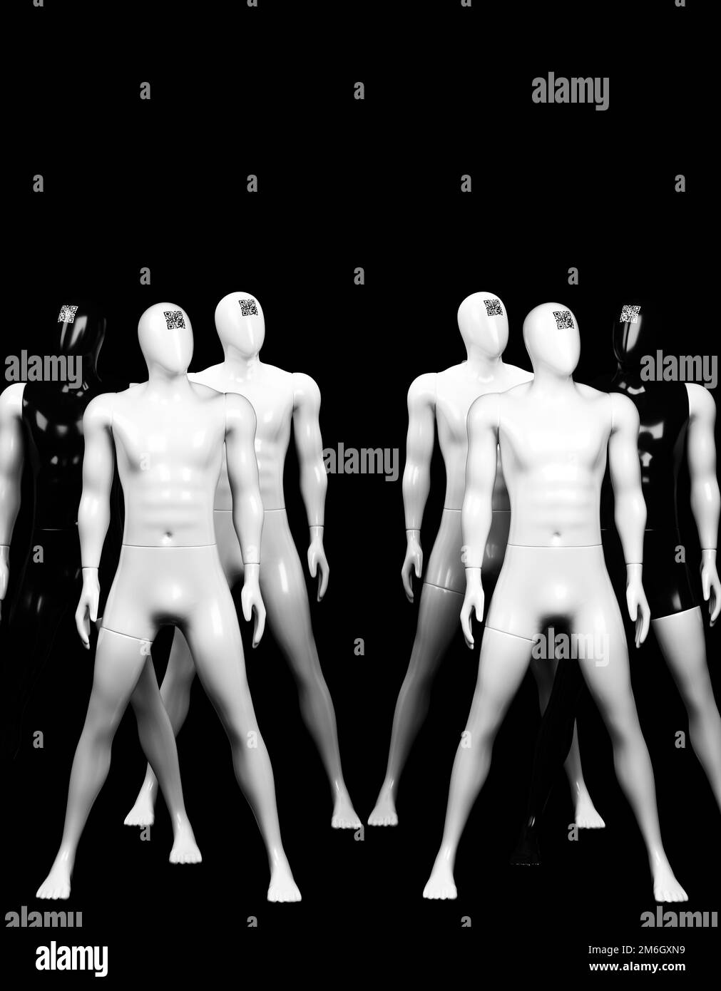 Black and white mannequins with a qr code on the forehead. The concept of freedom. 3D rendering Stock Photo