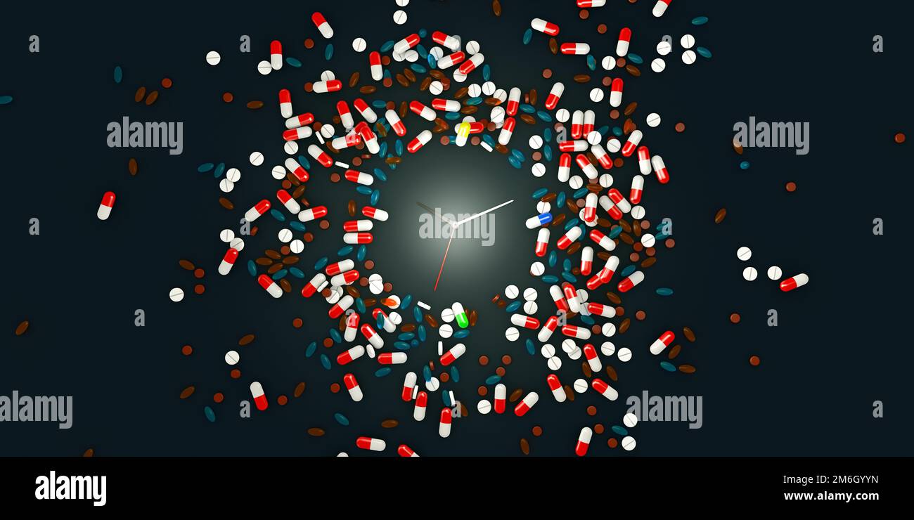 Clock watch, surrounded by hundreds of medication capsules and supplement pills, indicating an overdose of food supplement ingestion - 3d illustration Stock Photo