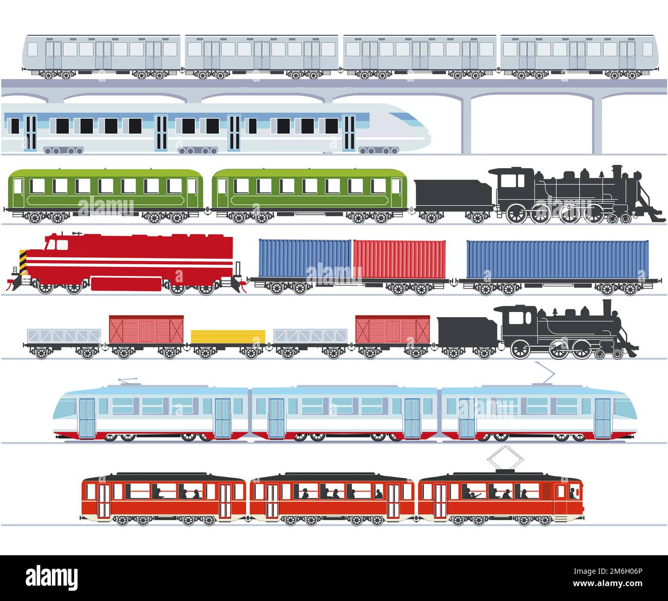 Set of modern passenger trains, subway transport, high speed trains and subway train, tram, cargo tr Stock Photo