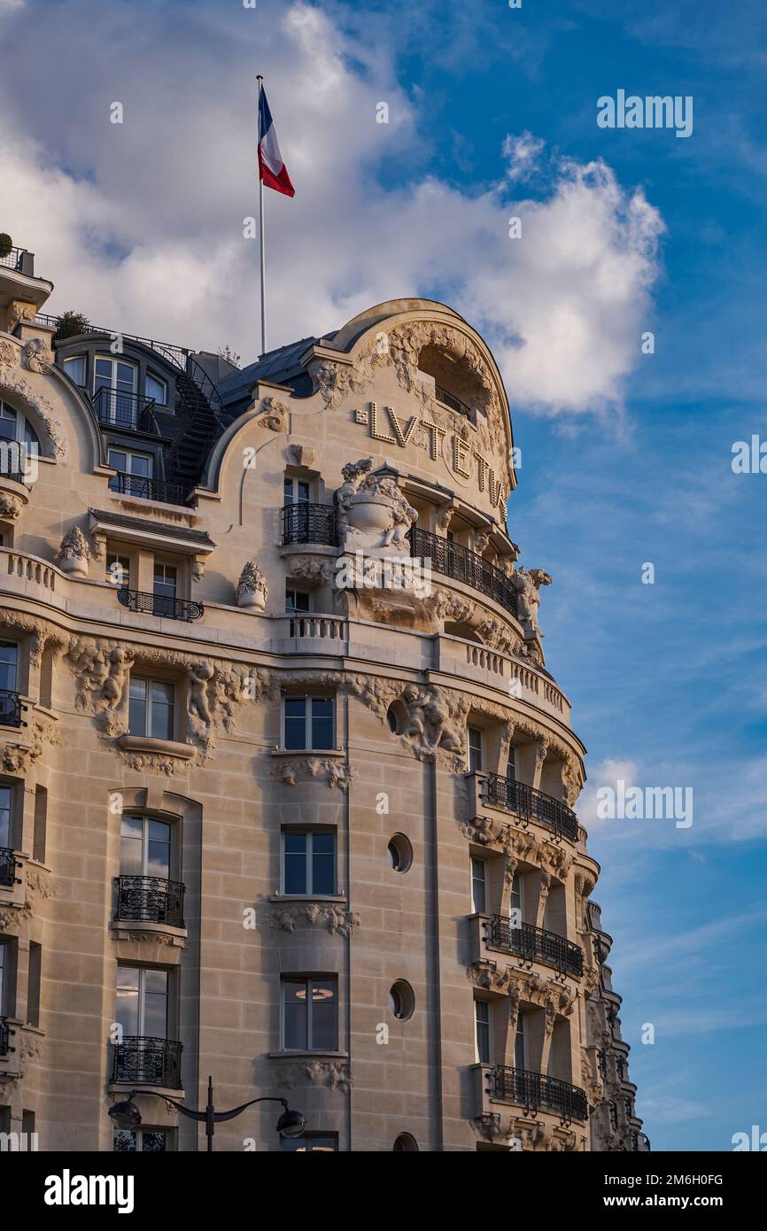Facade of a Beautiful Hotel Bulding in Paris, France Stock Photo