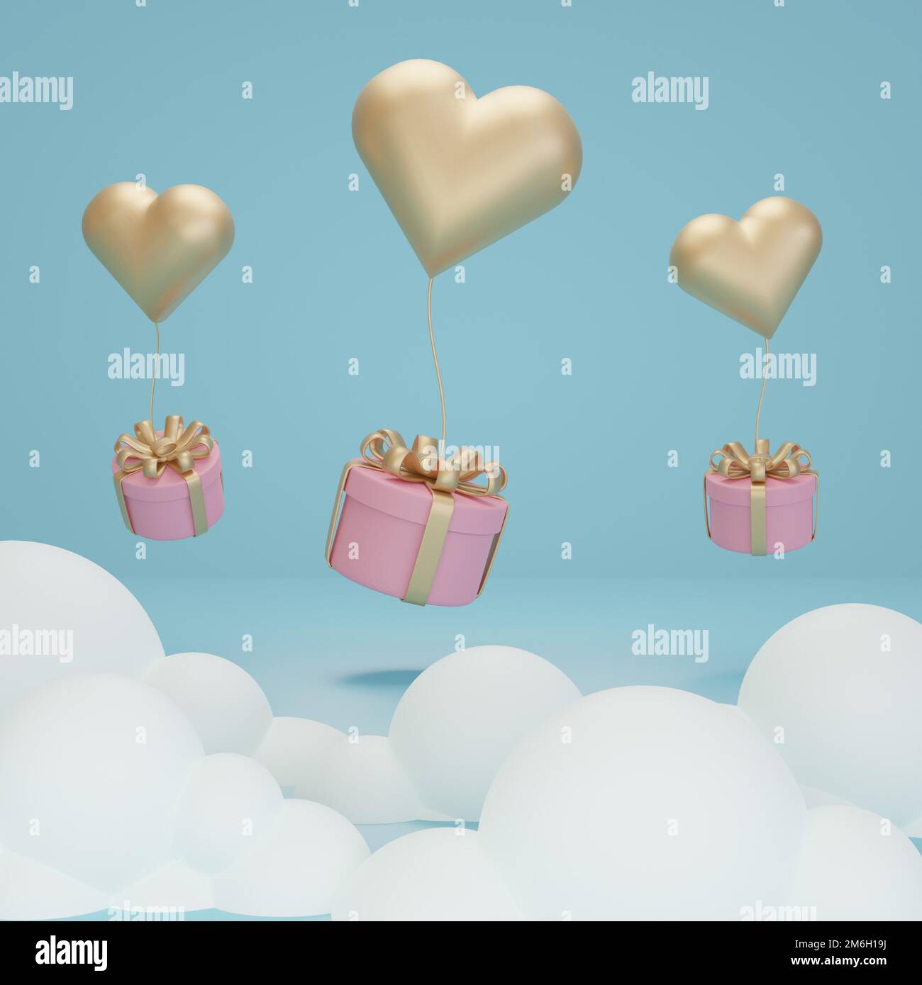 3D rendering pink gift box with gold heart balloon on cloud Stock Photo ...